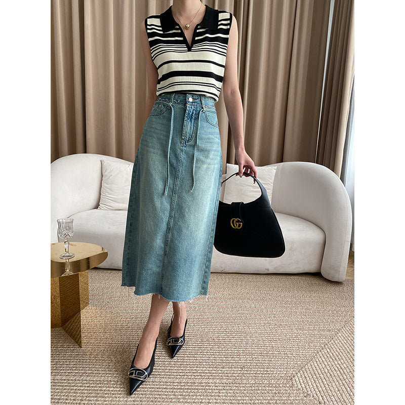 Damen Jeansrock Midi mit verstellbarer Taille und seitlichen Taschen