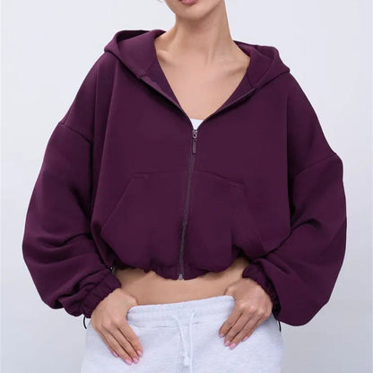 Damen Cropped Kapuzenjacke Reißverschluss Übergroße Ärmel Norvielle