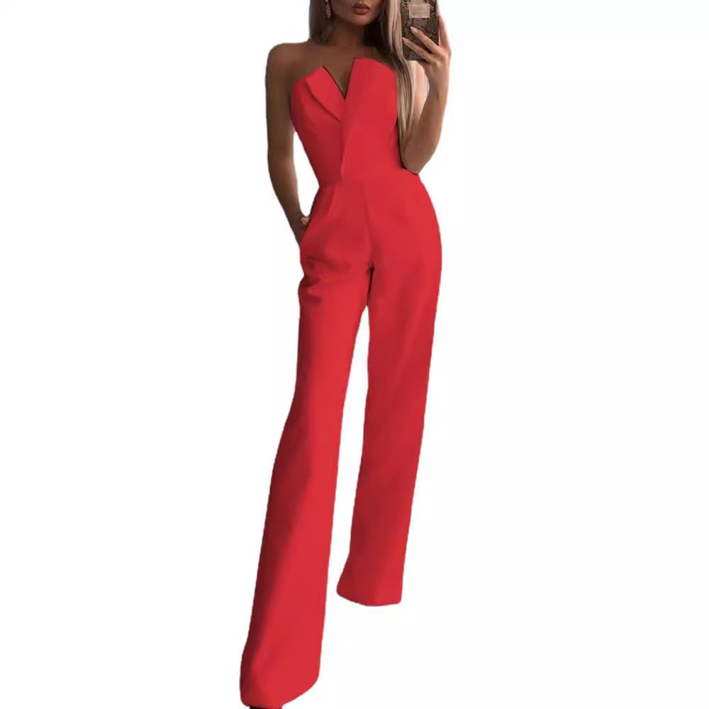 Damen Jumpsuit V-Ausschnitt Weites Bein Norvielle