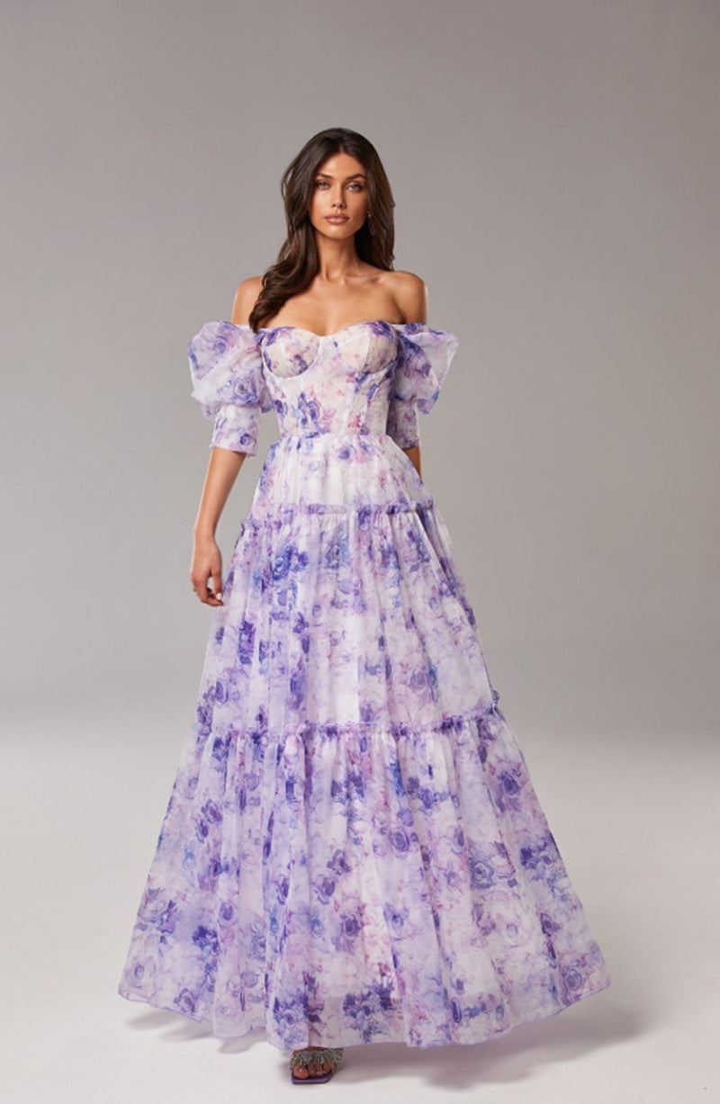 Damen Maxikleid Schulterfrei Rüschenärmel Floralmuster