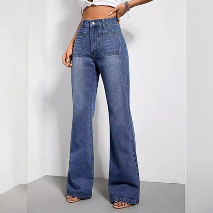 Damen High-Waist Jeans Weite Passform seitliche Taschen Lässig