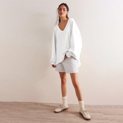 Damen Oversized Sweatshirt V-Ausschnitt Lässiger Schnitt Beige
