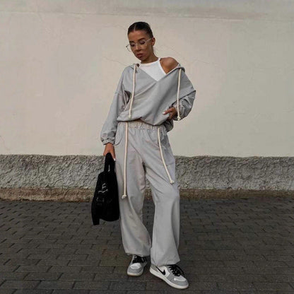 Damen Loungewear-Set V-Ausschnitt Elastisch Beige
