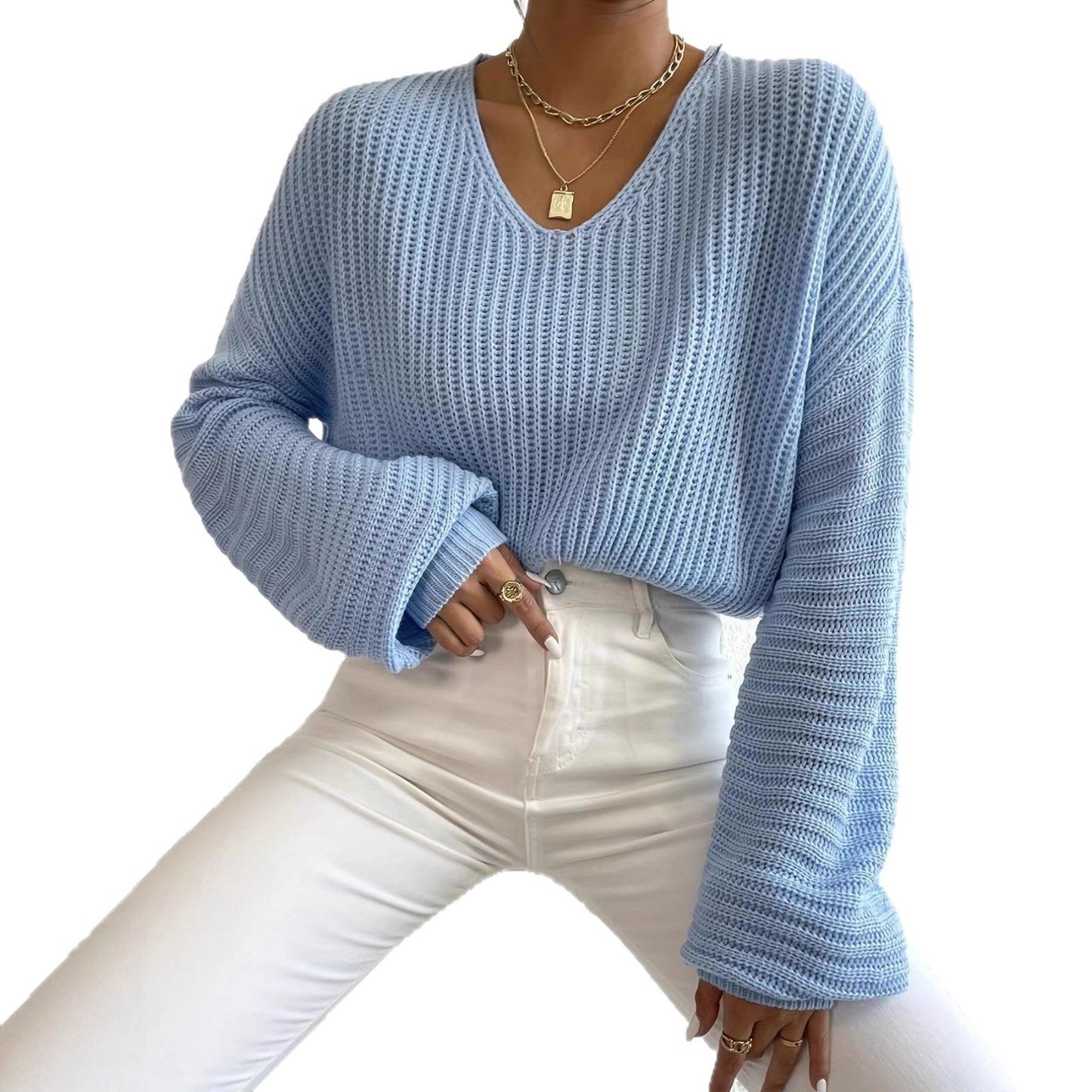 Damen Strickpullover Luftig V-Ausschnitt Länge Lang Ärmel Norvielle