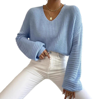 Damen Strickpullover Luftig V-Ausschnitt Länge Lang Ärmel Norvielle