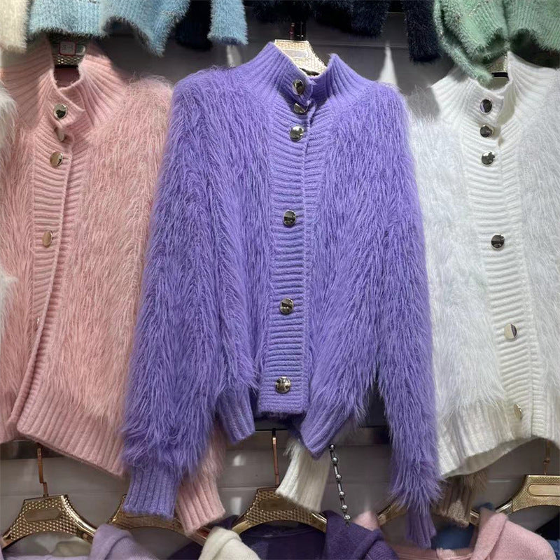 Damen Strickjacke Kuschelig Knopfverschluss Hochkragen Norvielle