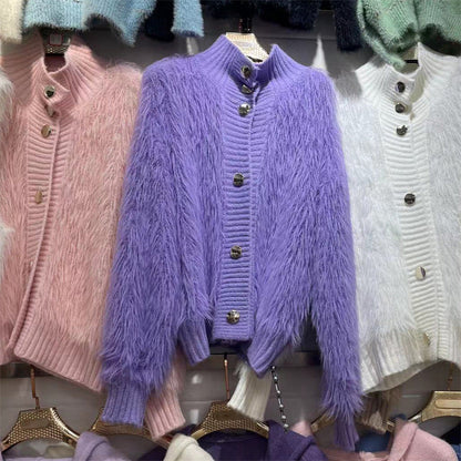 Damen Strickjacke Kuschelig Knopfverschluss Hochkragen Norvielle