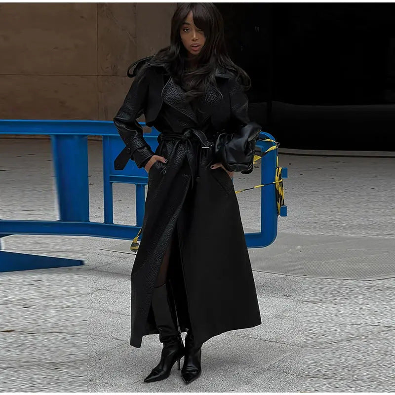 Damen Kunstleder-Trenchjacke Hochkragen Schwarz - Norvielle
