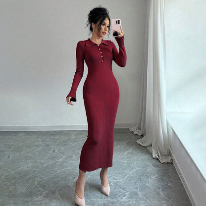 Damen Maxikleid Figurbetont Polokragen Knopfleiste Norvielle - Norvielle