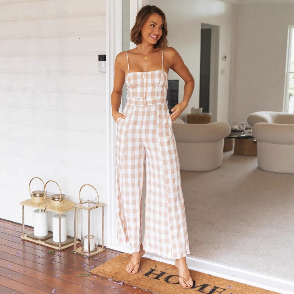 Damen Jumpsuit Gingham-Muster Taillengürtel Norvielle