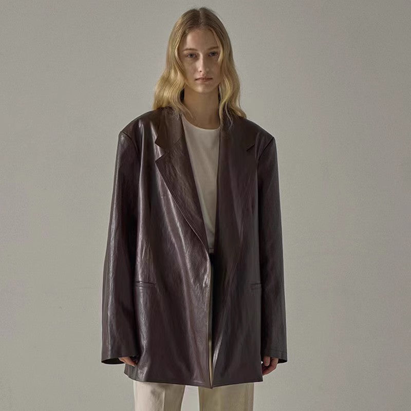 Damen Oversized Blazer aus Kunstleder Schwarz - Norvielle
