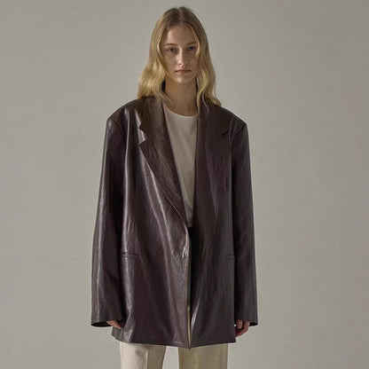Damen Oversized Blazer aus Kunstleder Schwarz - Norvielle