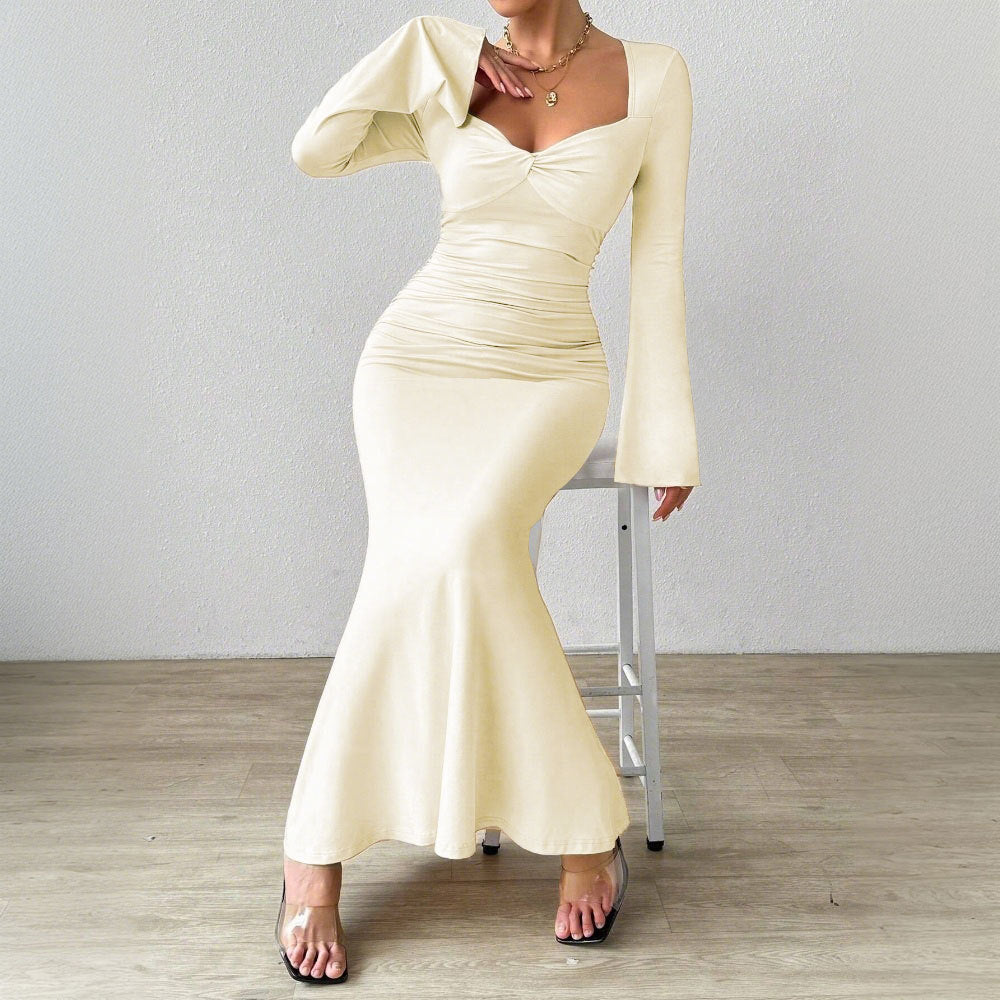 Damen Maxikleid Langärmlig V-Ausschnitt Raffung