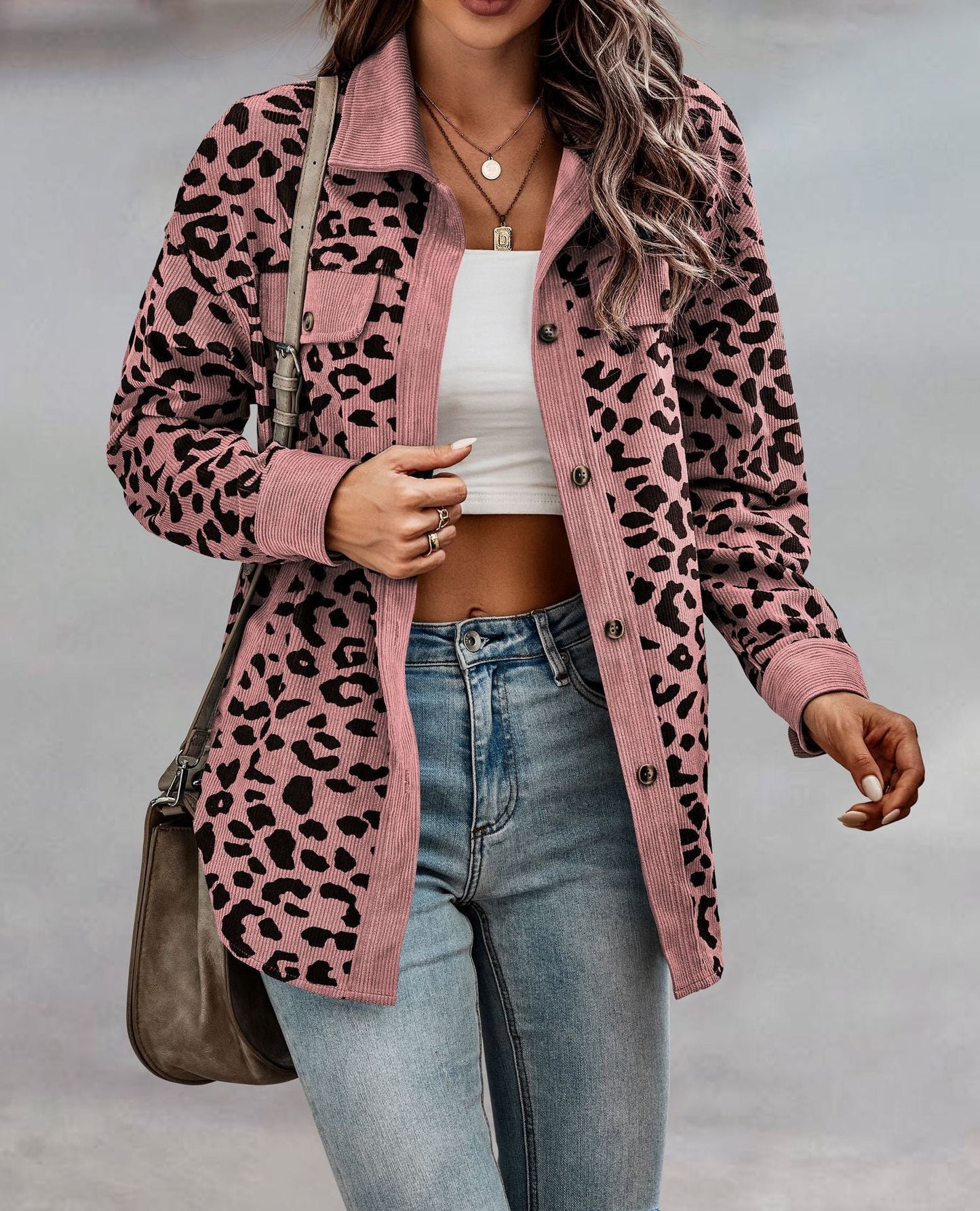 Damen Kordjacke Leo-Print mit Brusttaschen Norvielle