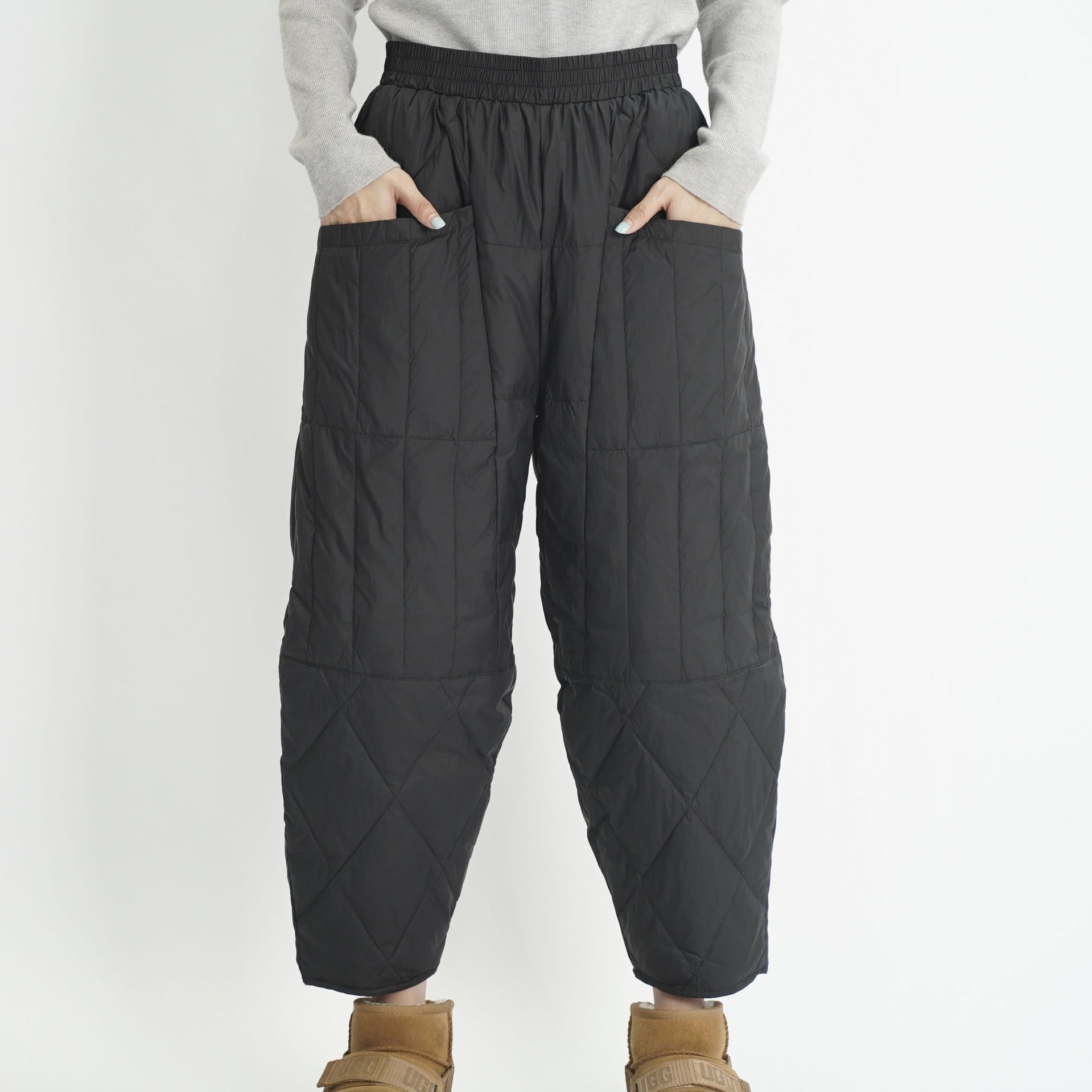 Damen Gefütterte Hose Elastikbund Taschen Schwarz - Norvielle