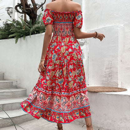 Damen Maxikleid Off-Shoulder mit floralen Mustern und elastischem