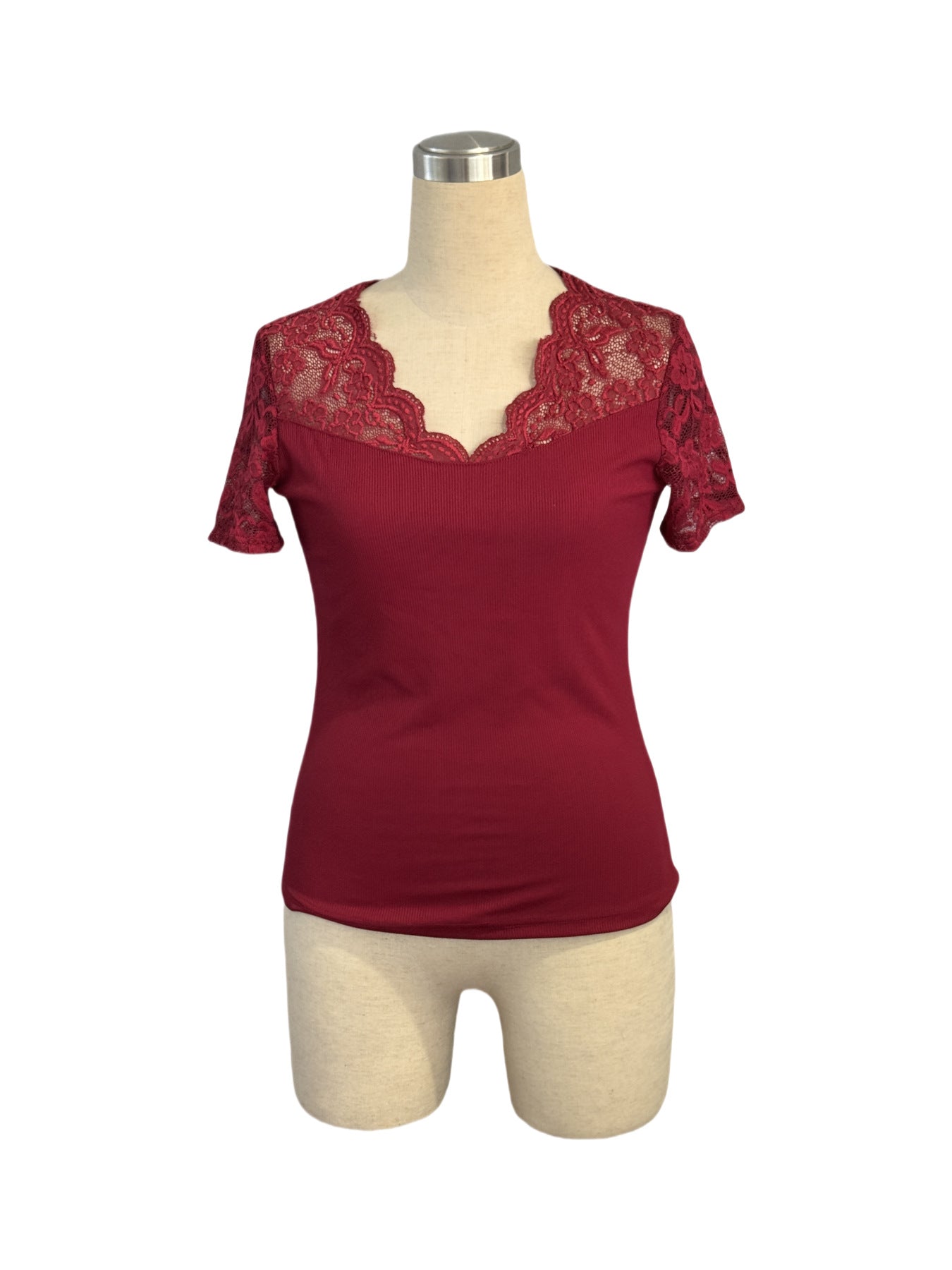 Damen Spitze Manschettenbluse Kurze Ärmel Spitze Ausschnitt Weiß