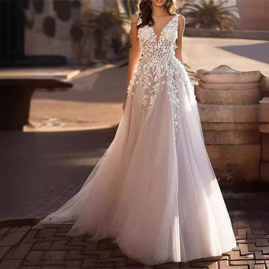 Damen Hochzeitskleid mit Floralmuster V-Ausschnitt