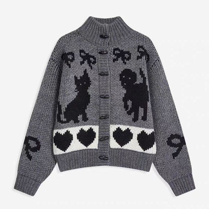 Damen Strickjacke Tiermuster Hochkragen Norvielle