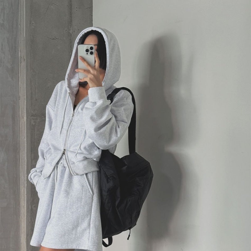 Damen Sportliches Loungewear-Set Kapuzenjacke Shorts