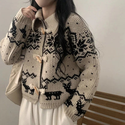 Damen Strickjacke Holzknöpfe Modernes Muster Beige - Norvielle