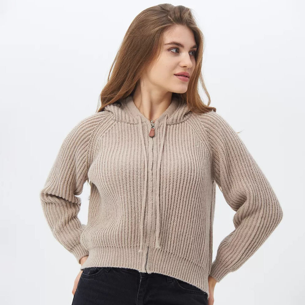 Damen Hoodie Weiches RippstrickMaterial Kordelzug