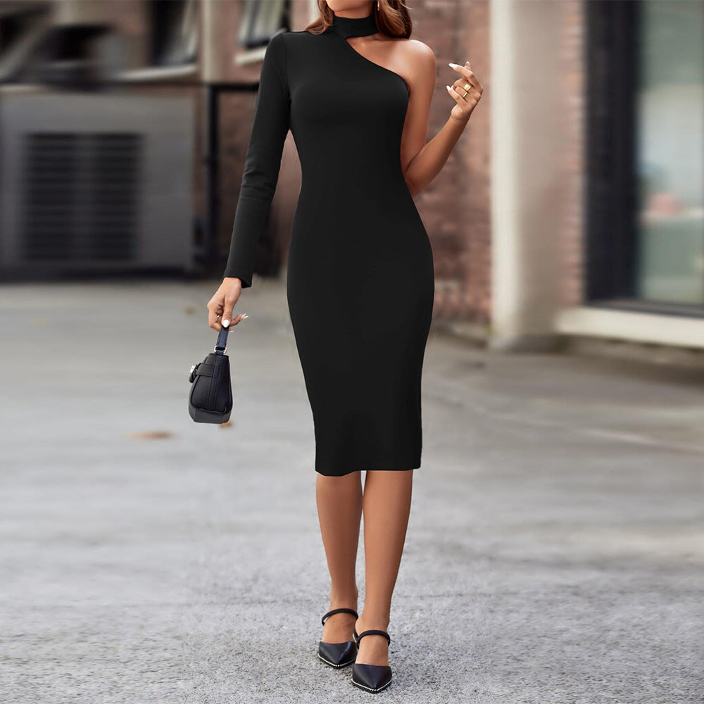 Damen Asymmetrisches Midi-Kleid Langarm Stehkragen Norvielle