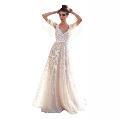 Damen Abendkleid Florale Stickerei Spitzenärmel Norvielle