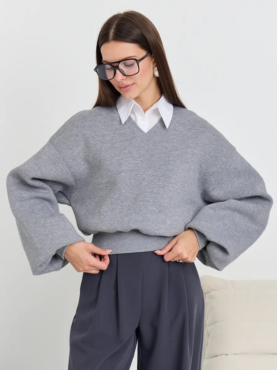 Damen Oversized-Sweater V-Ausschnitt Weite Ärmel Norvielle