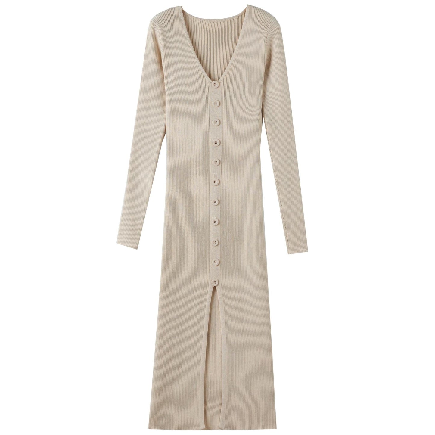 Damen Langarm Strickkleid V-Ausschnitt Knopfleiste Norvielle