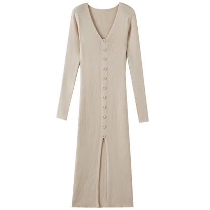 Damen Langarm Strickkleid V-Ausschnitt Knopfleiste Norvielle