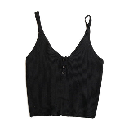 Damen Rippstricktop Ärmellos Knopfleiste Beige
