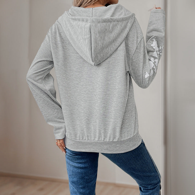 Damen Kapuzenpullover Floralmuster Dekorativer Reißverschluss