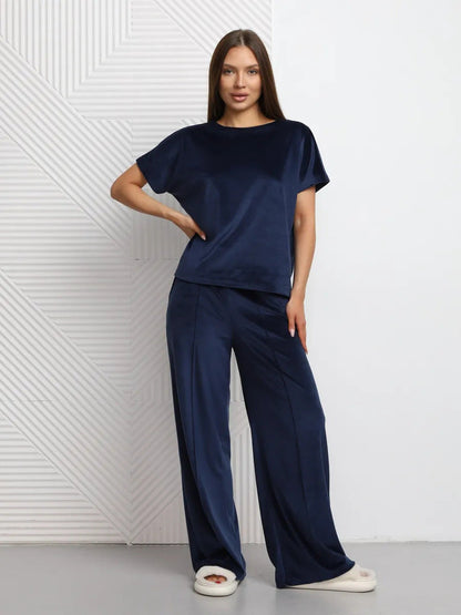 Damen Loungewear-Set Satin Lässiger Schnitt Weite Hose