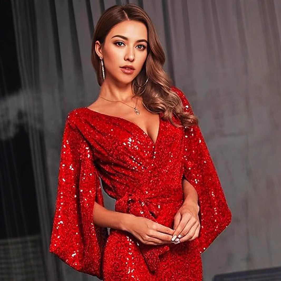 Damen Abendkleid Pailletten V-Ausschnitt Fließender Rock