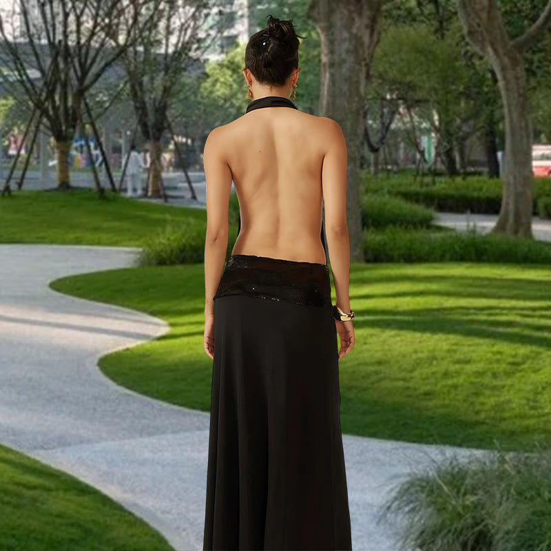 Damen Abendkleid Wasserfallausschnitt Glitzer Taillenelement