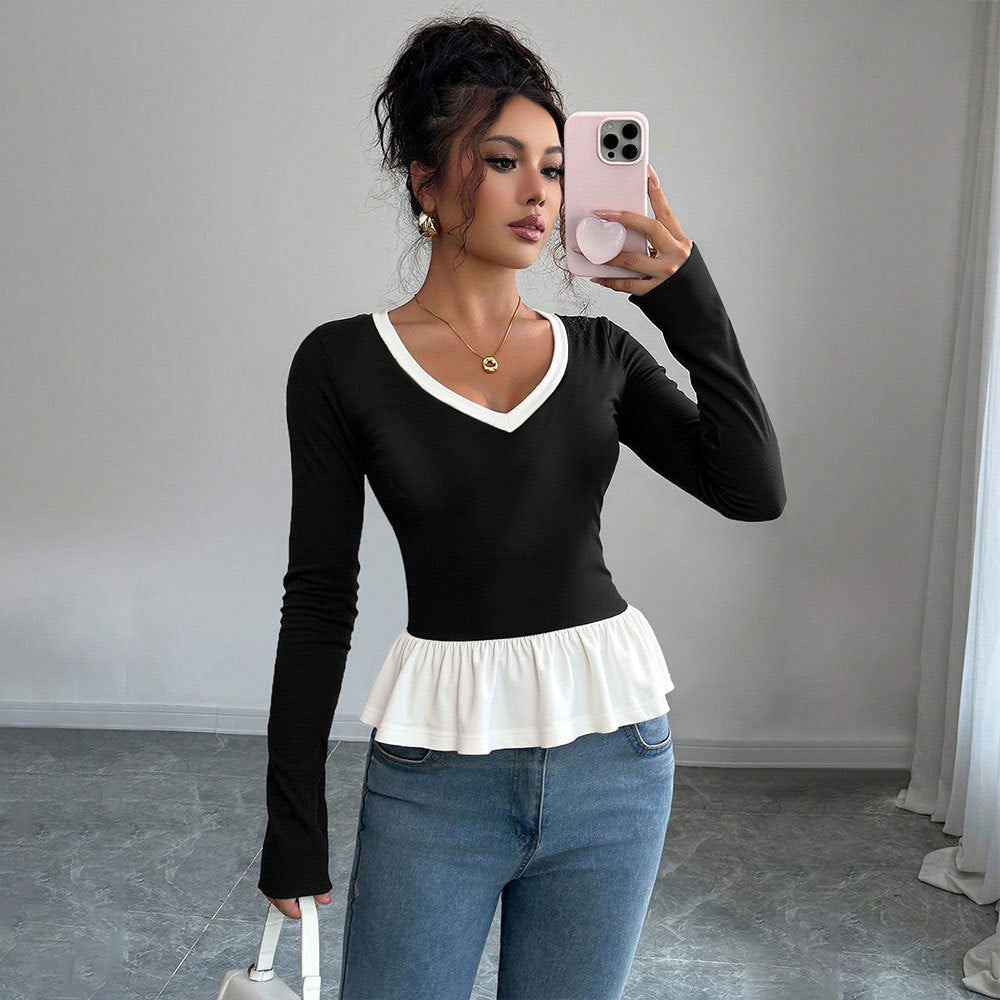 Damen Langarmshirt Rüschensaum V-Ausschnitt Norvielle - Norvielle