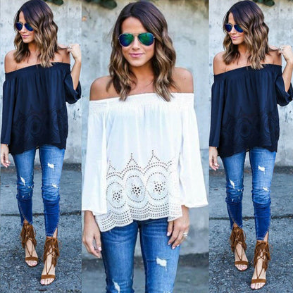 Damen Off-Shoulder Bluse Voluminöse Ärmel Häkelmuster Norvielle