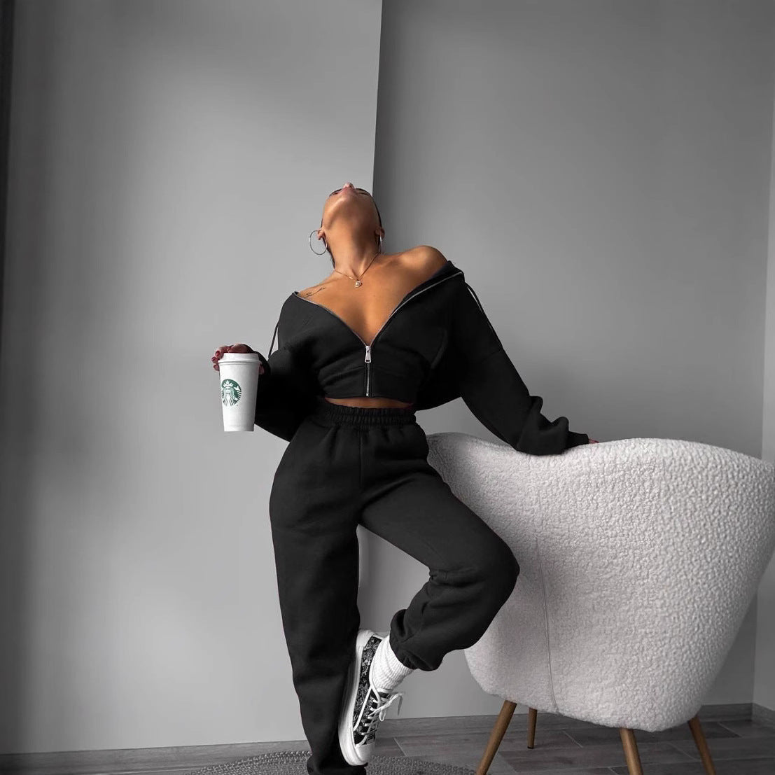 Damen Sport Crop- Set Reißverschluss Breiter Bund Norvielle