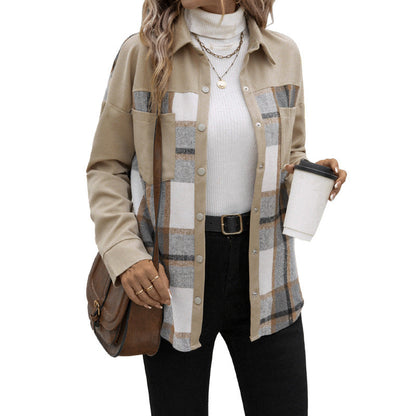 Damen Oversized Hemdjacke Kariert Baumwolle Praktische Taschen Beige