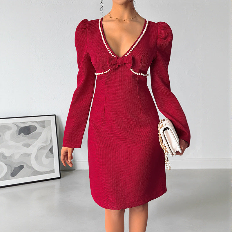 Damen Kleid Figurbetont Seide Elegante Schleife