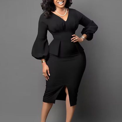 Damen Midi-Kleid Figurbetont Puffärmel Schlitz Norvielle