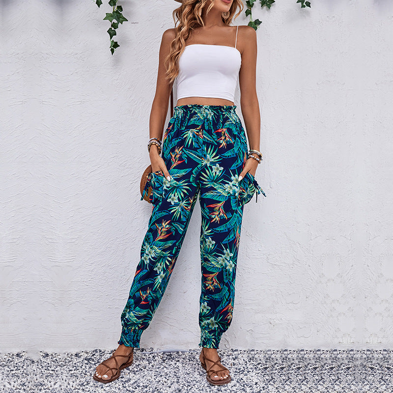 Damen Cargo-Hose Elastischer Bund Bunter Blätter-Print Norvielle