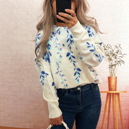 Damen Oversized-Pullover Kuschelfleece Floralmuster Beige