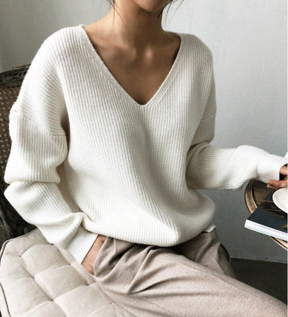 Damen Pullover V-Ausschnitt Rippstruktur Kuschelfleece Beige