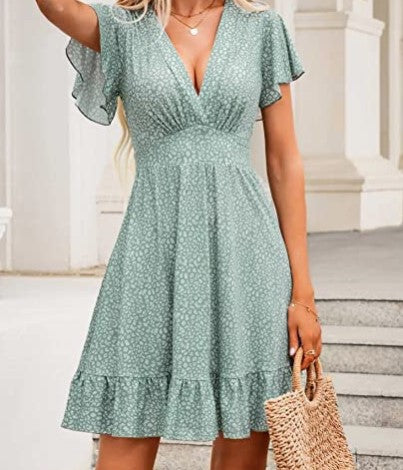 Damen V-Ausschnitt Kleid Fließender Rock Rüschendetails Norvielle