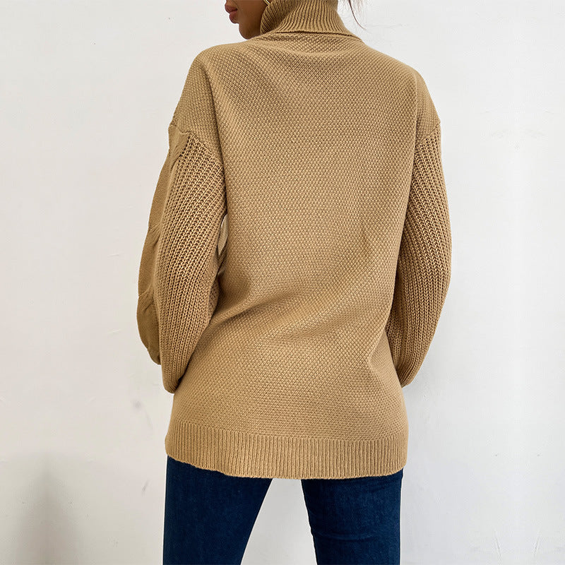 Damen Pullover Grobstrick Hochkragen Beige