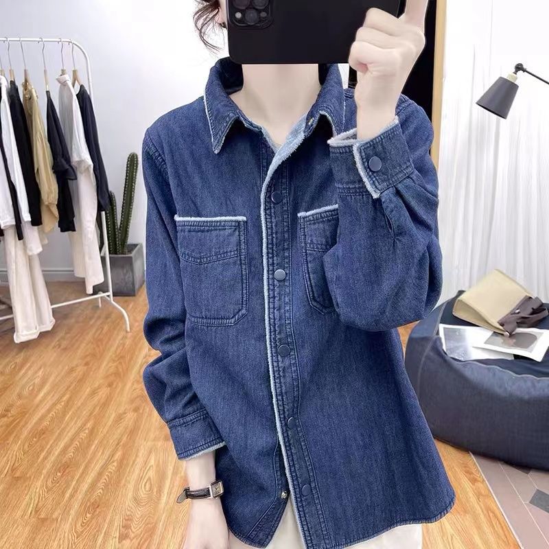 Damen Denim Bluse Kontrastkragen