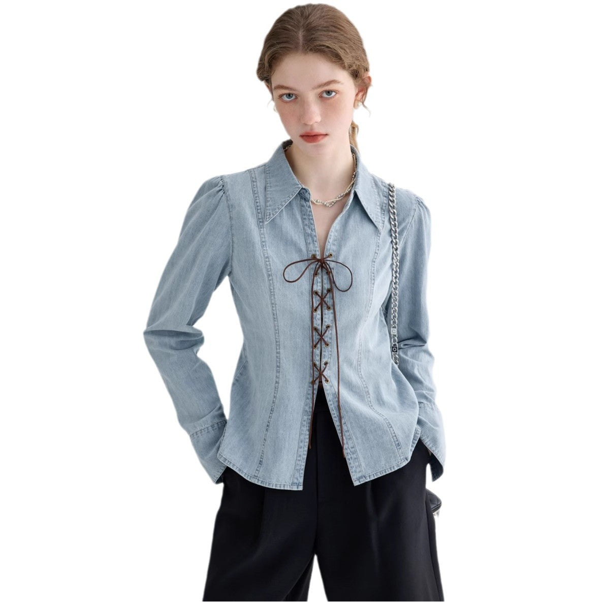 Damen Jeansbluse Geschnürtes Dekolleté Puffärmel