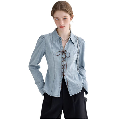 Damen Jeansbluse Geschnürtes Dekolleté Puffärmel